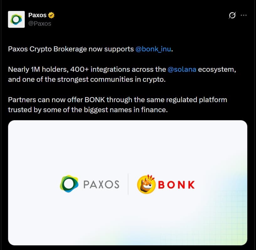 Paxos Adds BONK to Its Regulated Crypto Brokerage, Expanding Access Across Major Fintechs