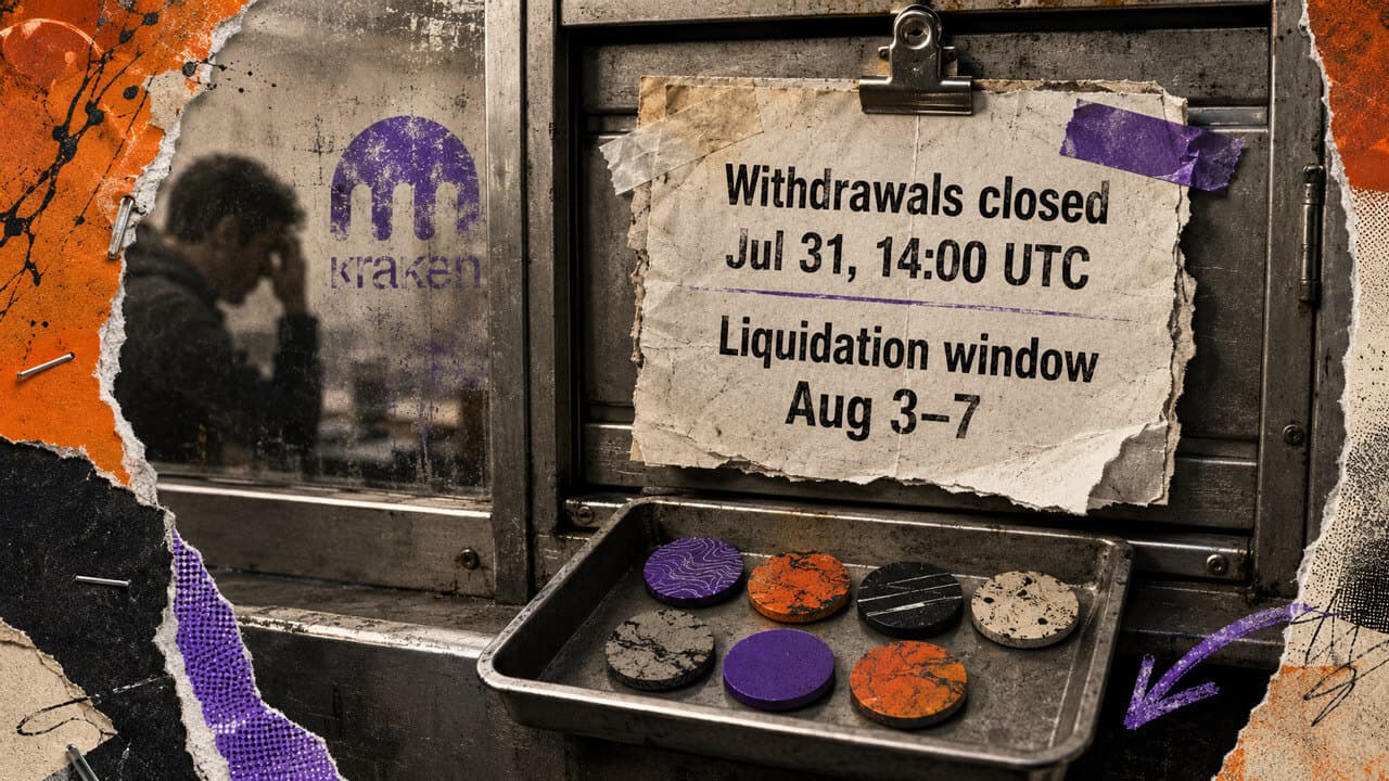 Kraken is force-selling 7 delisted tokens into dead markets, warning users insufficient liquidity could result in zero proceeds.